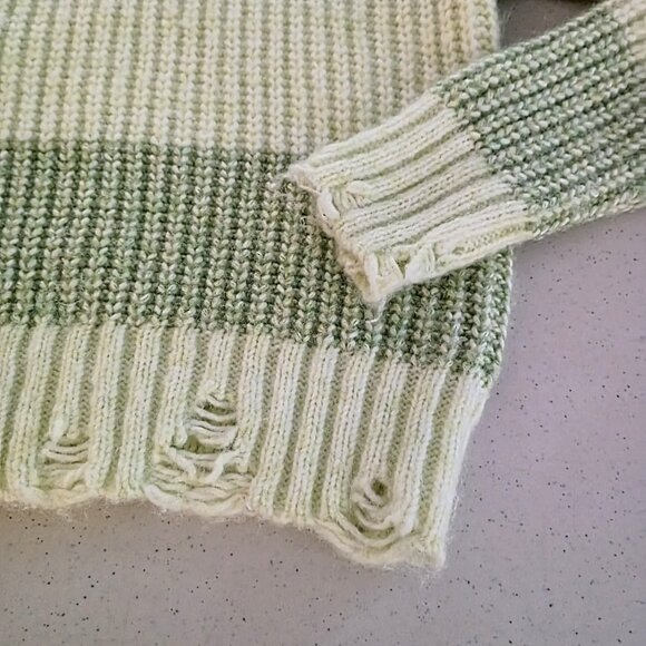 Sage & Cream Chunky Striped Knit Sweater – Mock Neck, Distressed Hem (Size M) - Picture 5 of 14